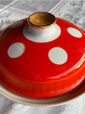 Ternopil Orange White Polka Dot Porcelain Butter Dish MCM Soviet Vintage